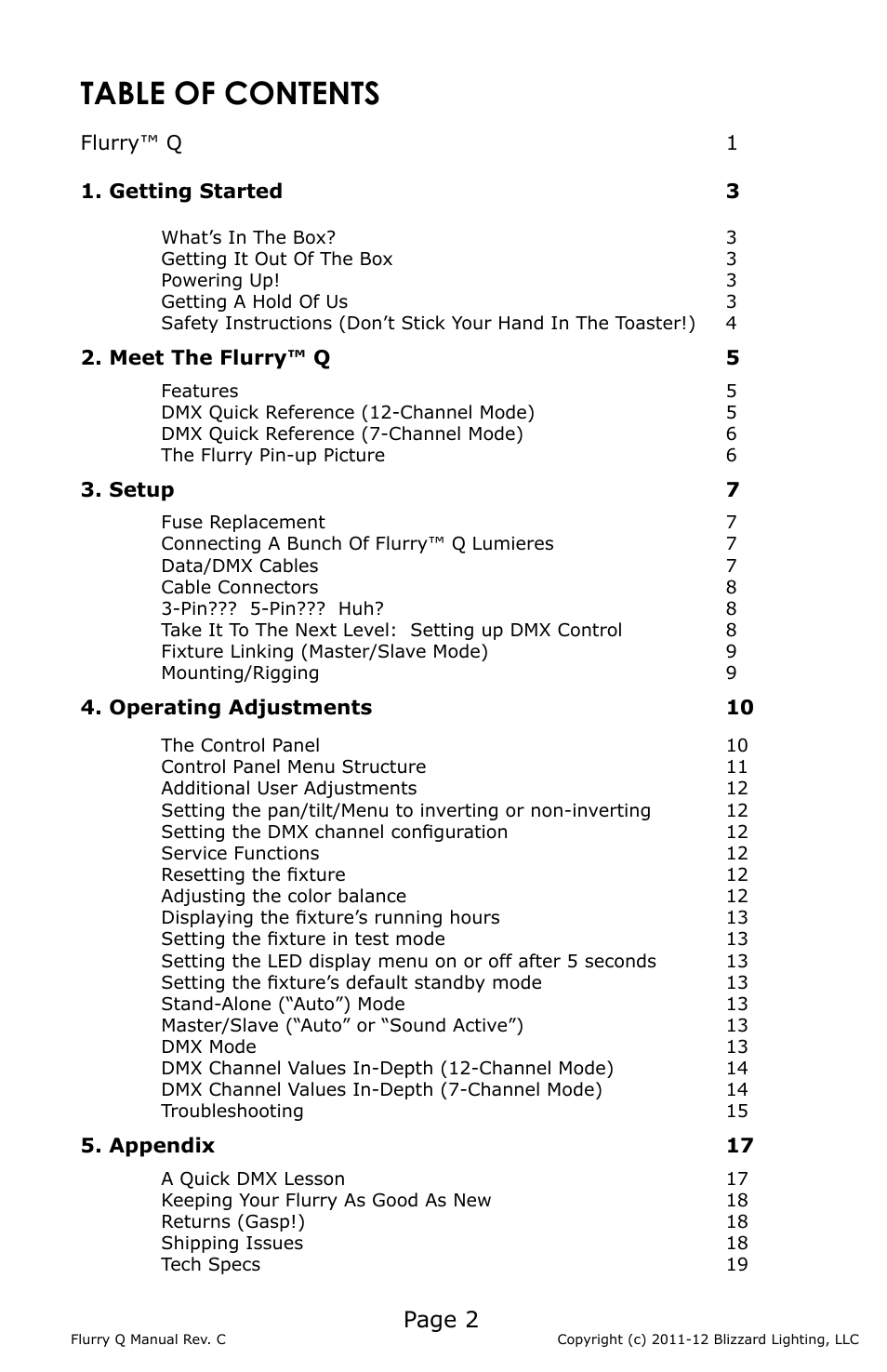 Blizzard Lighting Q Flurry(Rev C) User Manual | Page 2 / 20