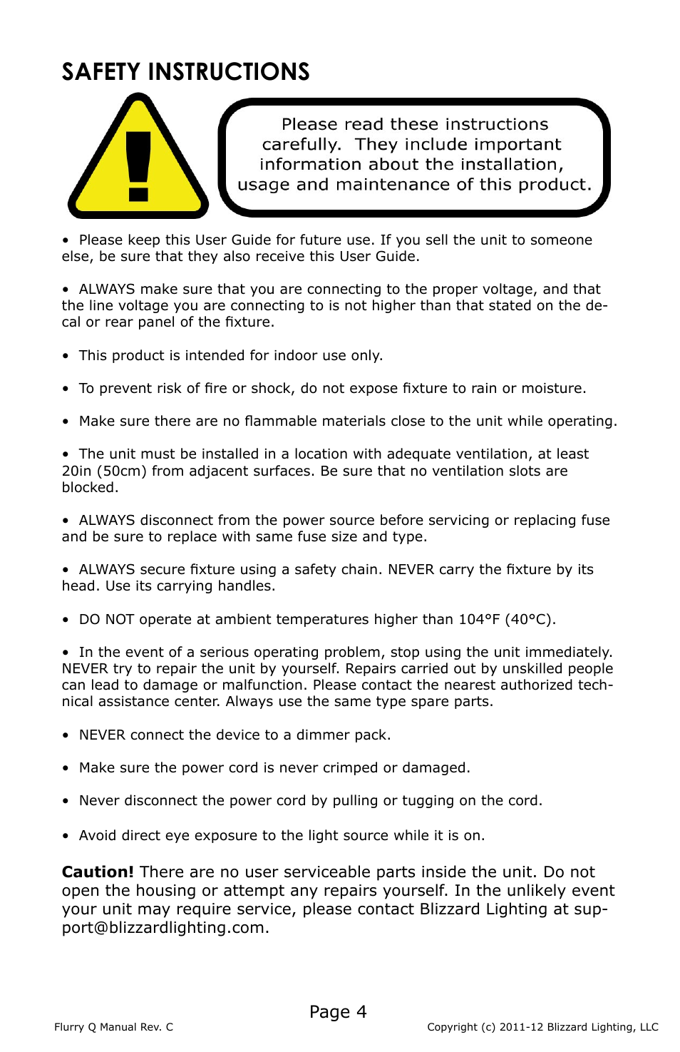 Safety instructions, Page 4 | Blizzard Lighting Q Flurry(Rev C) User Manual | Page 4 / 20