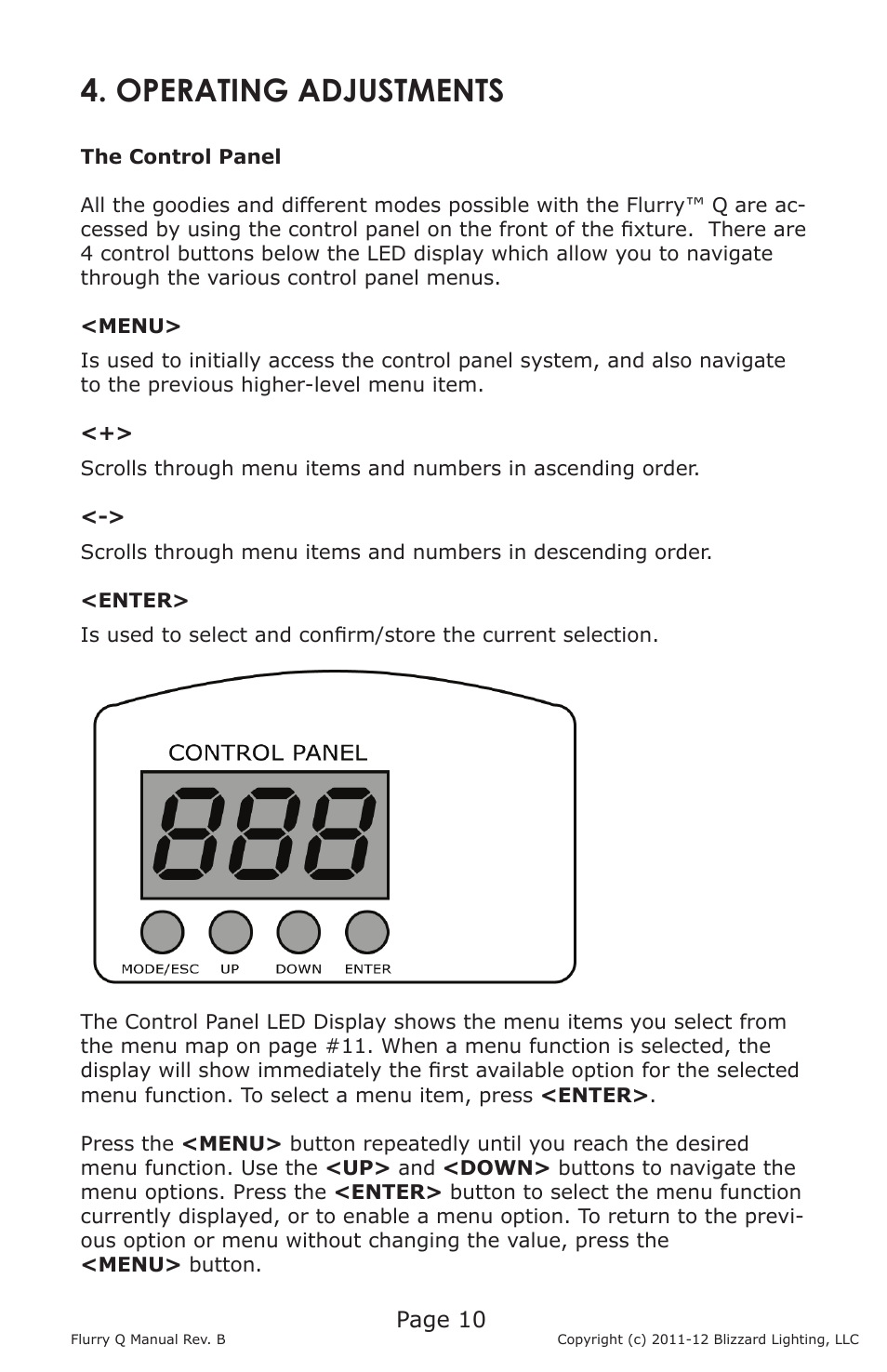 Operating adjustments, Page 10 | Blizzard Lighting Q Flurry(Rev B) User Manual | Page 10 / 20