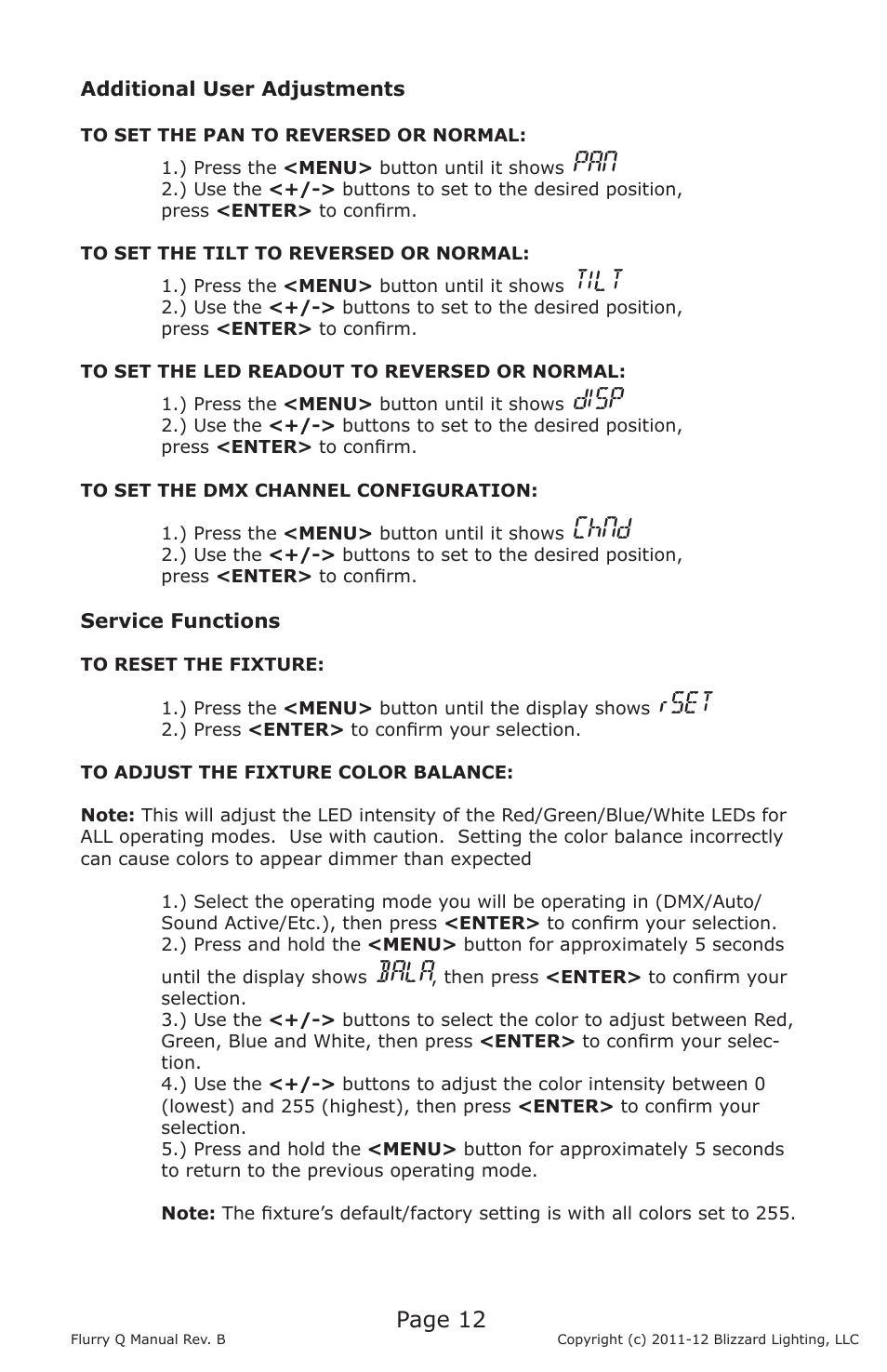Tilt, Disp, Chnd | Rset, Bala, Page 12 | Blizzard Lighting Q Flurry(Rev B) User Manual | Page 12 / 20