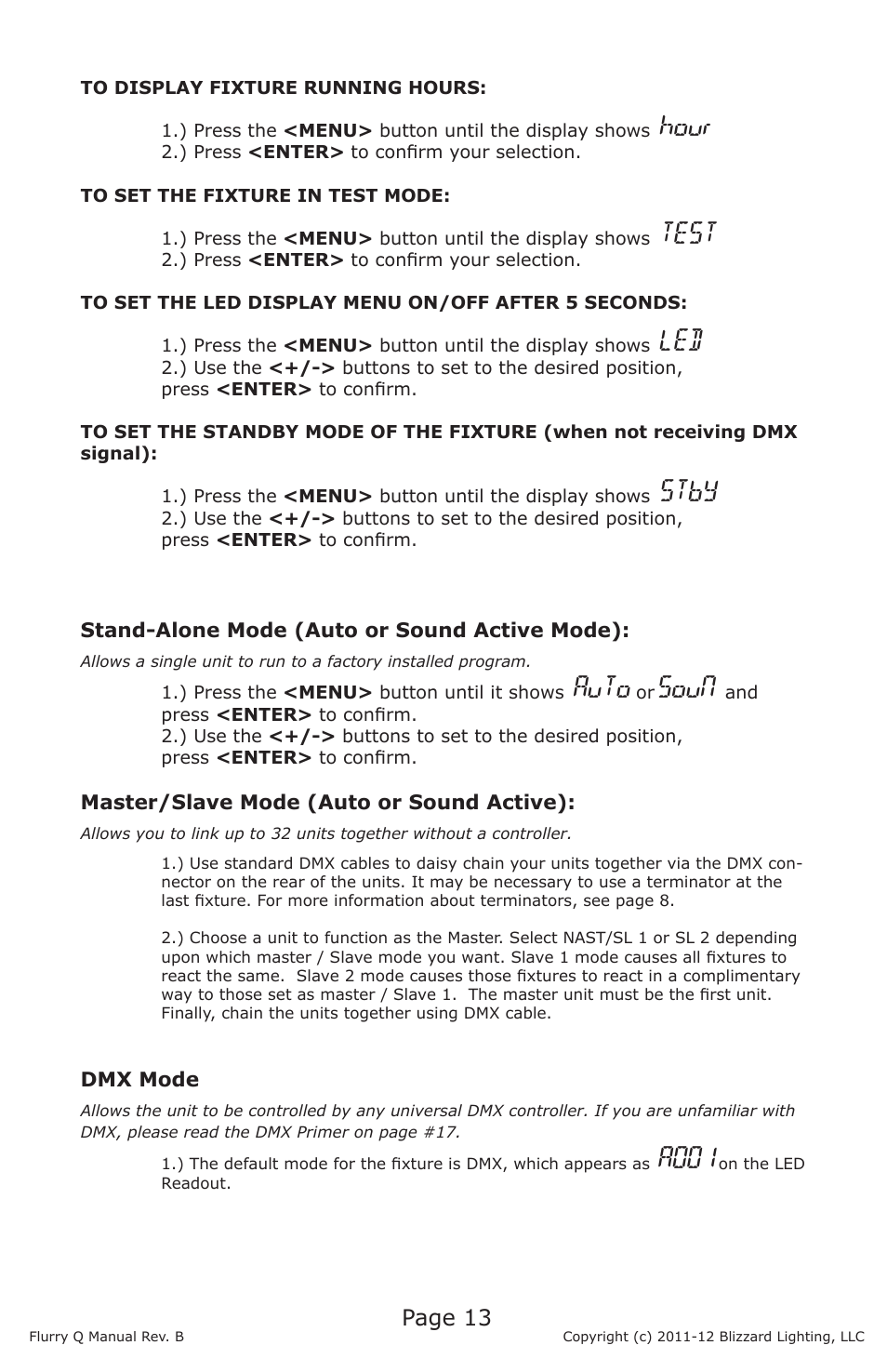 Hour, Test, Stby | Auto, Soun, A001, Page 13 | Blizzard Lighting Q Flurry(Rev B) User Manual | Page 13 / 20