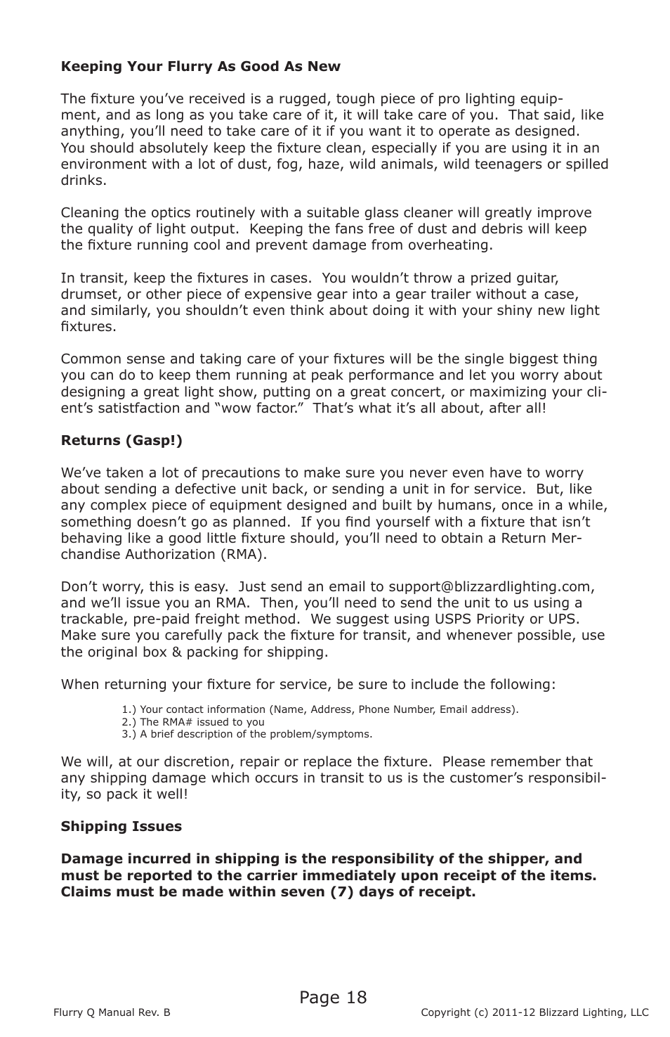 Page 18 | Blizzard Lighting Q Flurry(Rev B) User Manual | Page 18 / 20