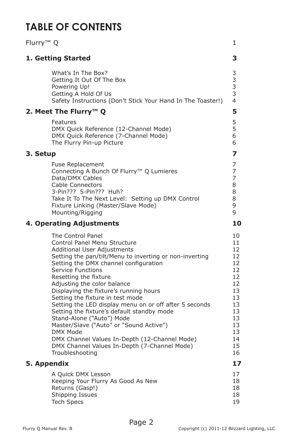 Blizzard Lighting Q Flurry(Rev B) User Manual | Page 2 / 20