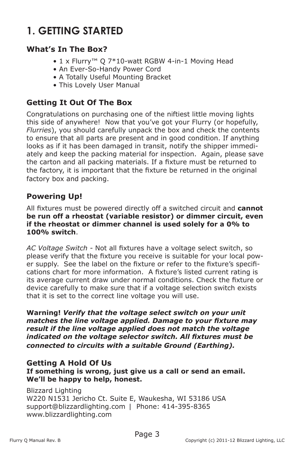 Getting started | Blizzard Lighting Q Flurry(Rev B) User Manual | Page 3 / 20