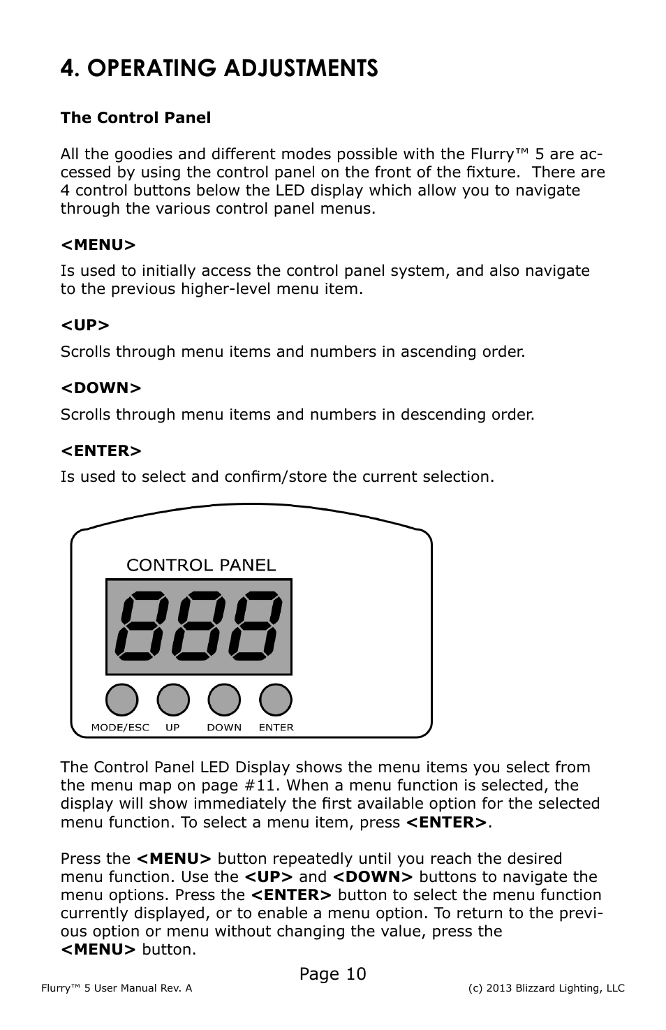 Operating adjustments, Page 10 | Blizzard Lighting 5 Flurry User Manual | Page 10 / 20