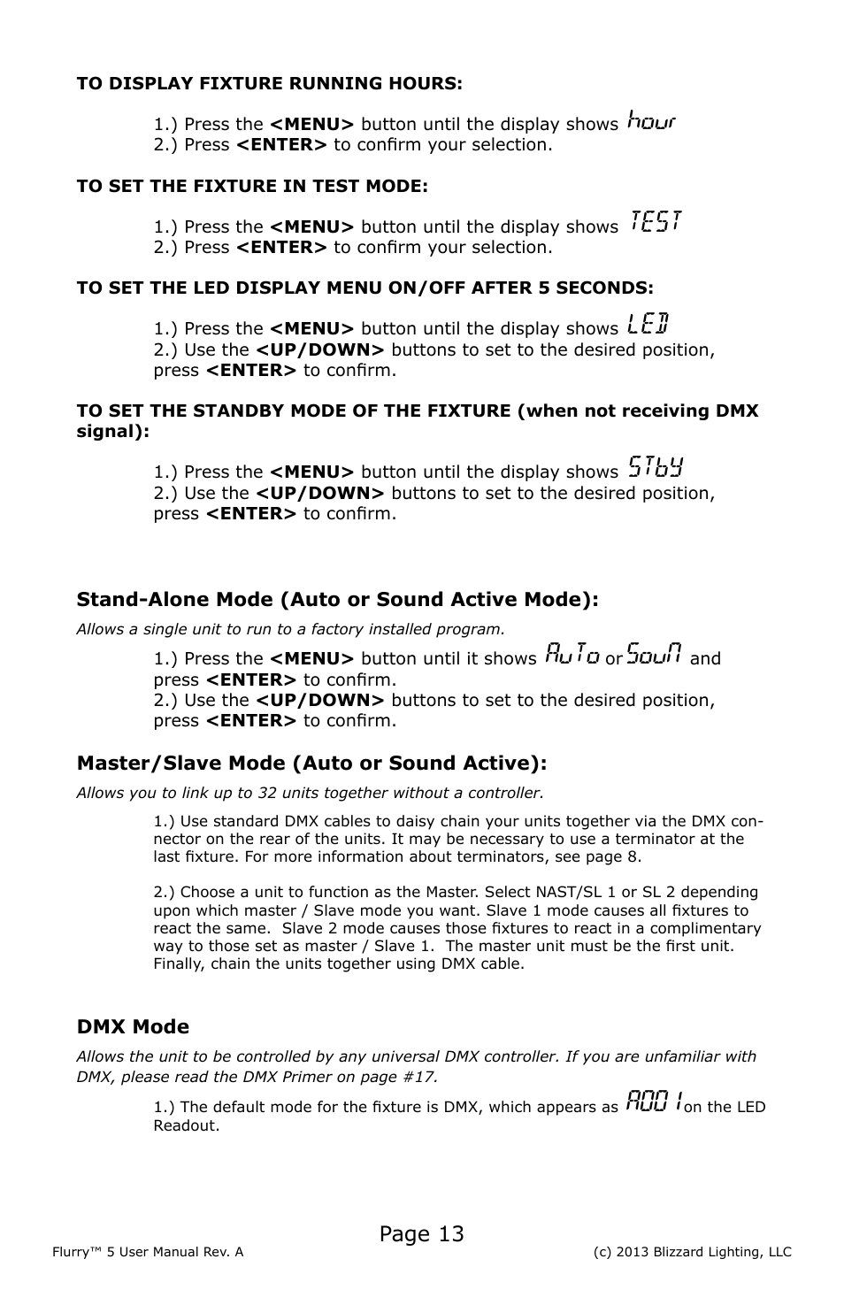 Hour, Test, Stby | Auto, Soun, A001, Page 13 | Blizzard Lighting 5 Flurry User Manual | Page 13 / 20