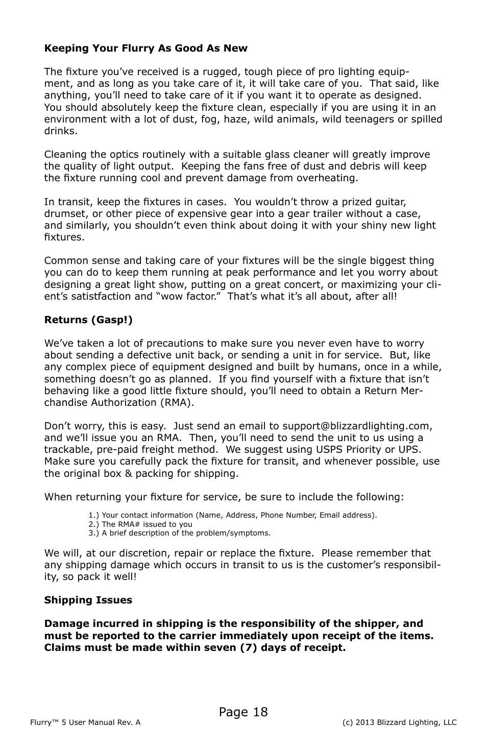 Page 18 | Blizzard Lighting 5 Flurry User Manual | Page 18 / 20