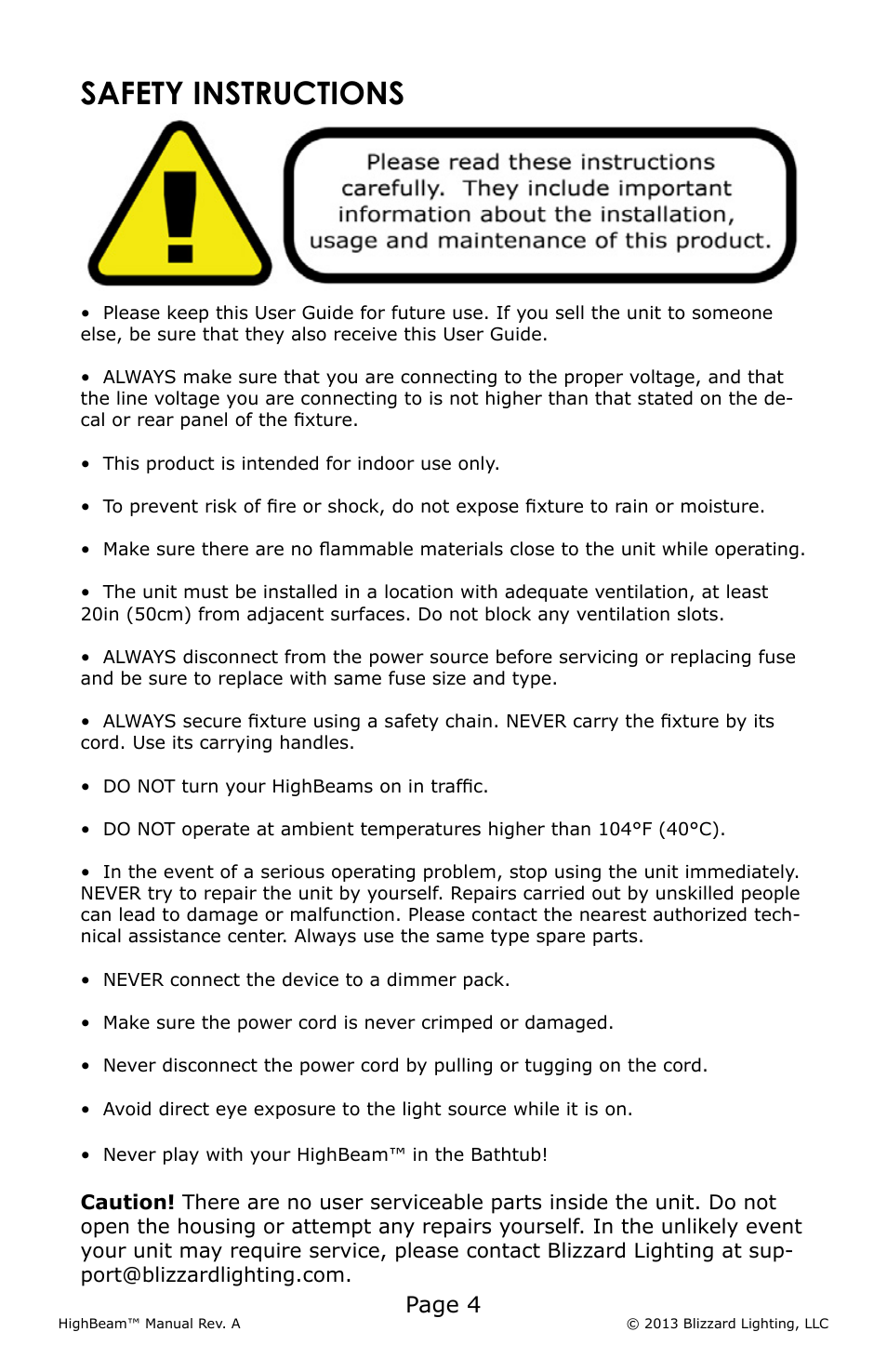 Safety instructions, Page 4 | Blizzard Lighting LED HighBeam User Manual | Page 4 / 20