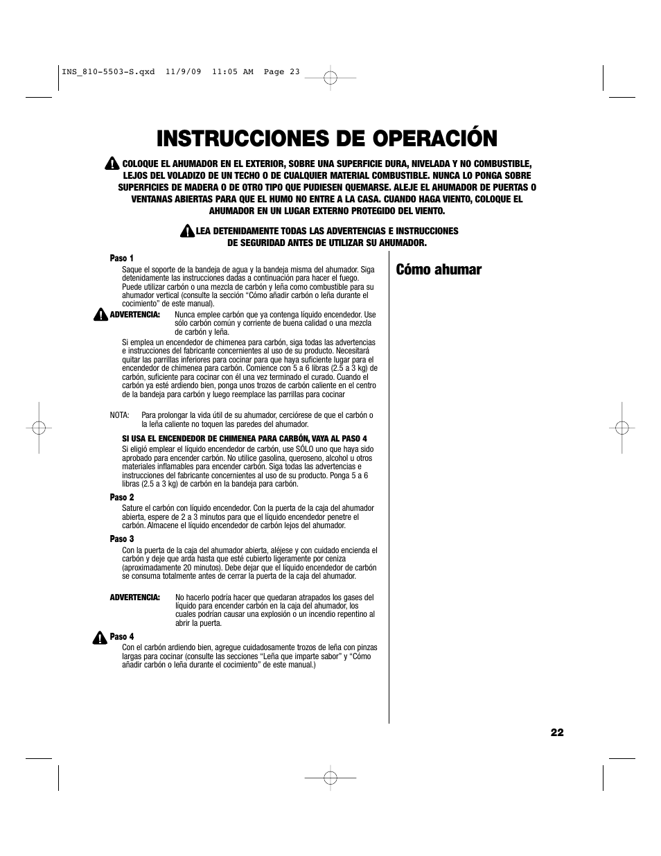 Instrucciones de operación, Cómo ahumar | Brinkmann 810-5503-S User Manual | Page 23 / 28