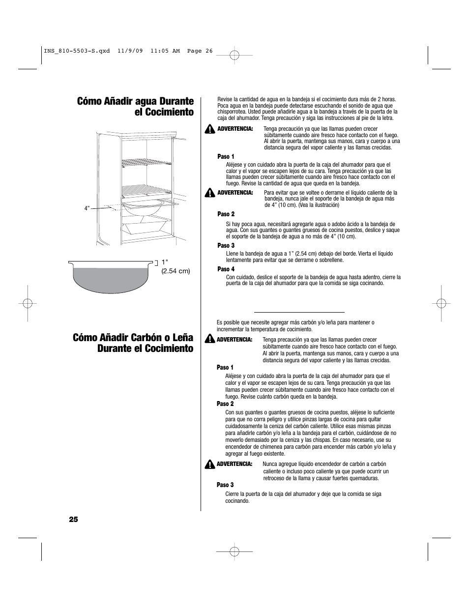 Cómo añadir agua durante el cocimiento, Cómo añadir carbón o leña durante el cocimiento | Brinkmann 810-5503-S User Manual | Page 26 / 28