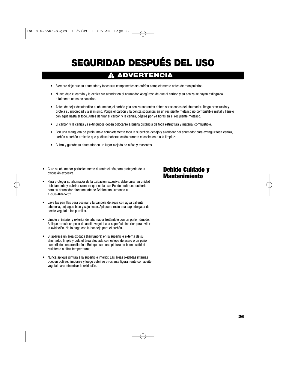 Seguridad después del uso, Debido cuidado y mantenimiento, Advertencia | Brinkmann 810-5503-S User Manual | Page 27 / 28