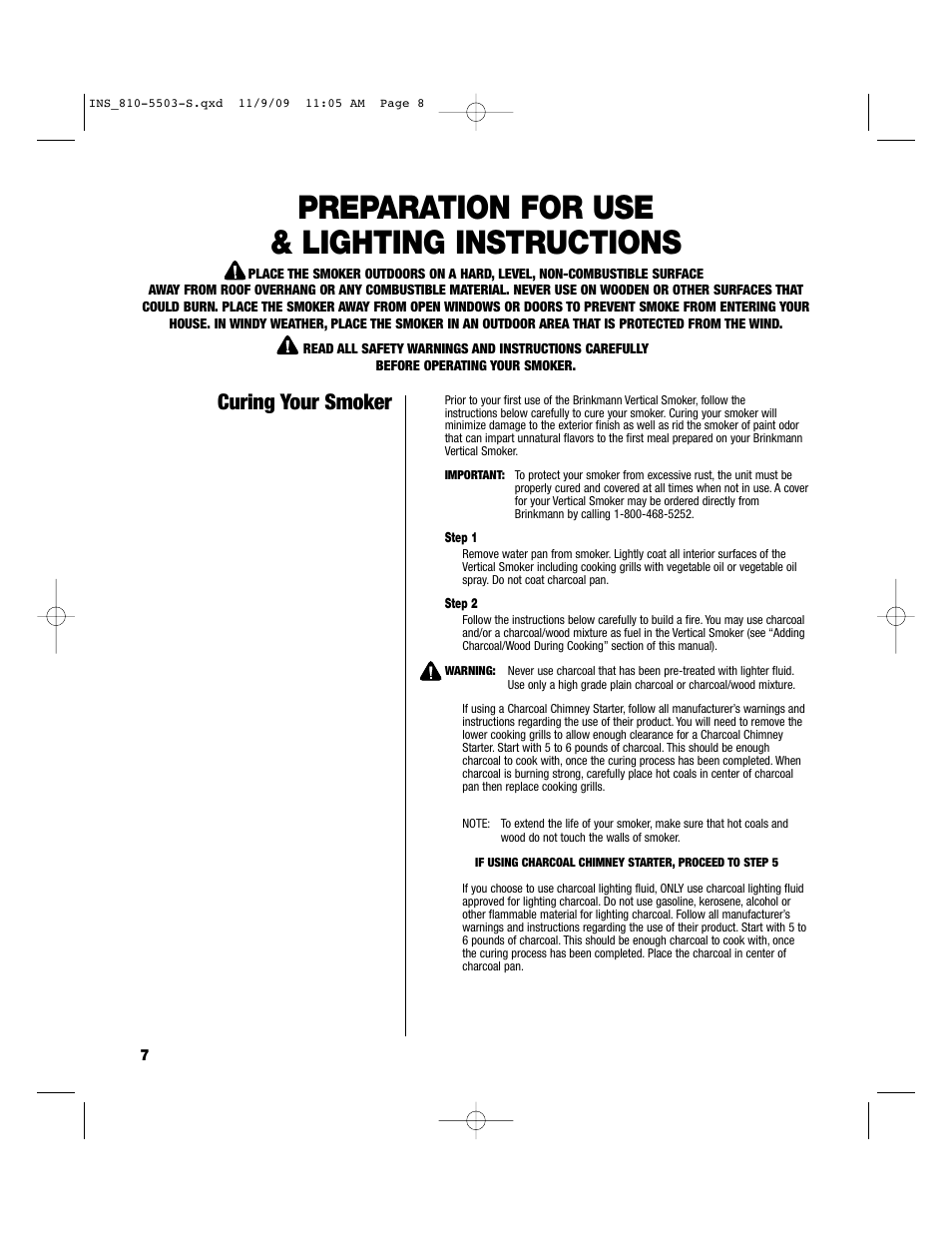 Preparation for use & lighting instructions, Curing your smoker | Brinkmann 810-5503-S User Manual | Page 8 / 28