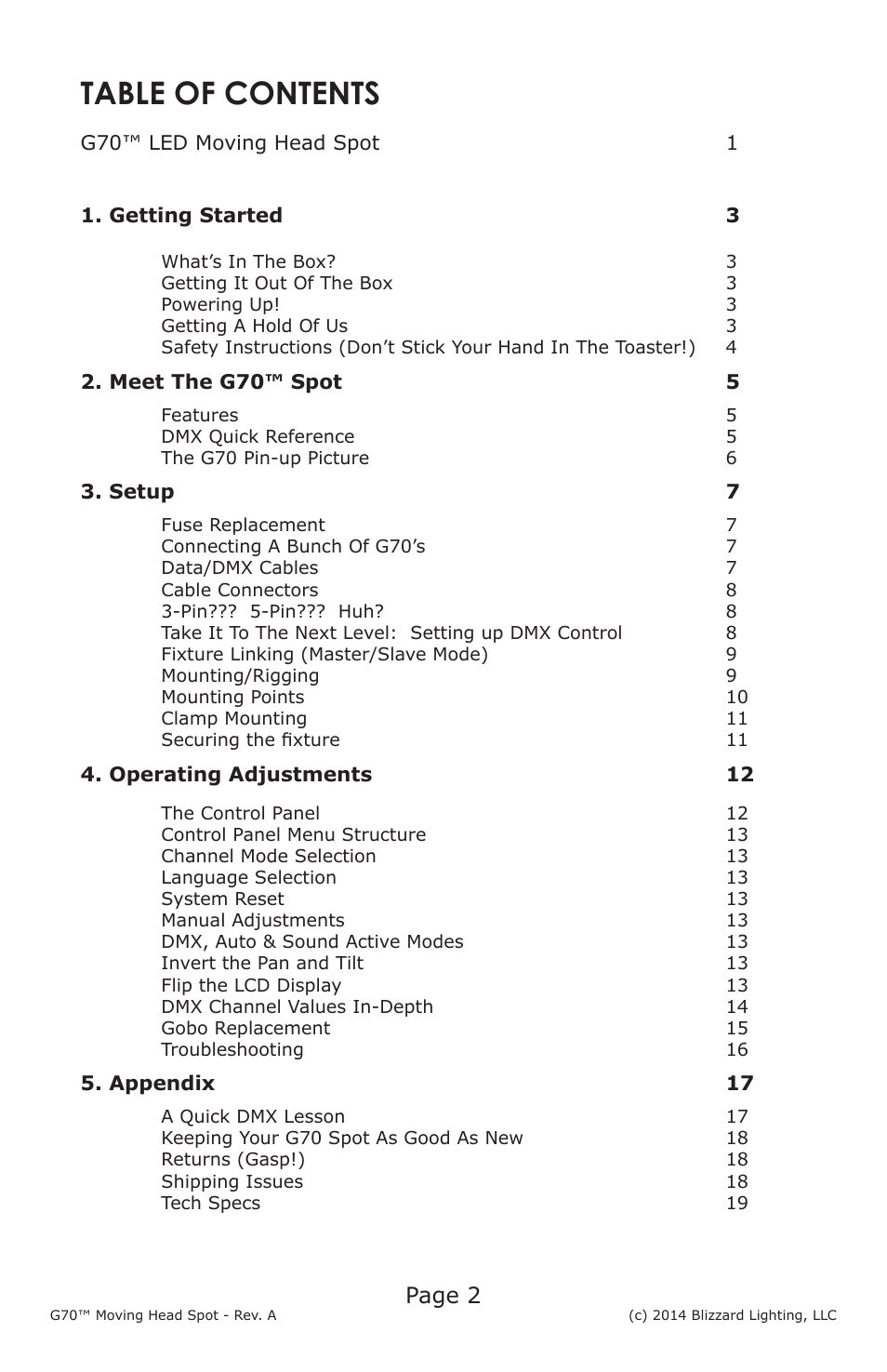 Blizzard Lighting G70 LED Moving Head Spot User Manual | Page 2 / 20