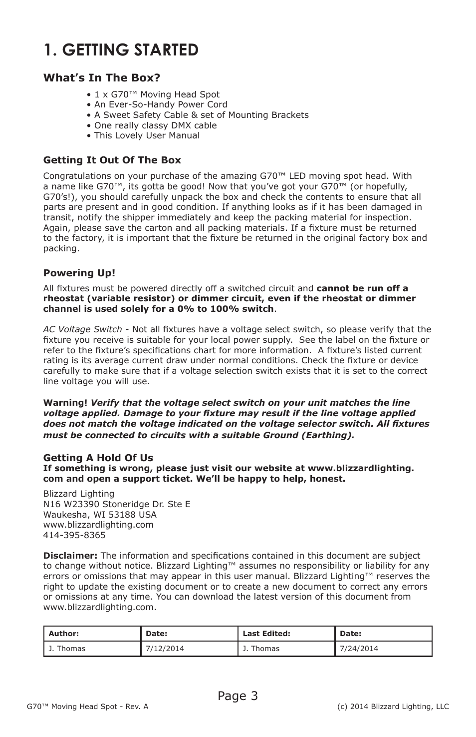 Getting started, Page 3, What’s in the box | Blizzard Lighting G70 LED Moving Head Spot User Manual | Page 3 / 20
