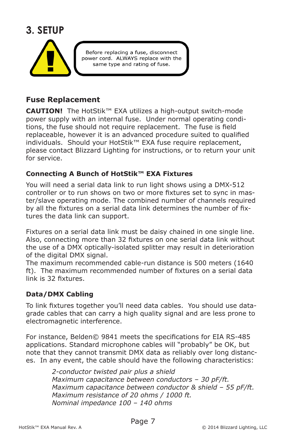 Setup, Page 7, Fuse replacement | Blizzard Lighting EXA HotStik User Manual | Page 7 / 20