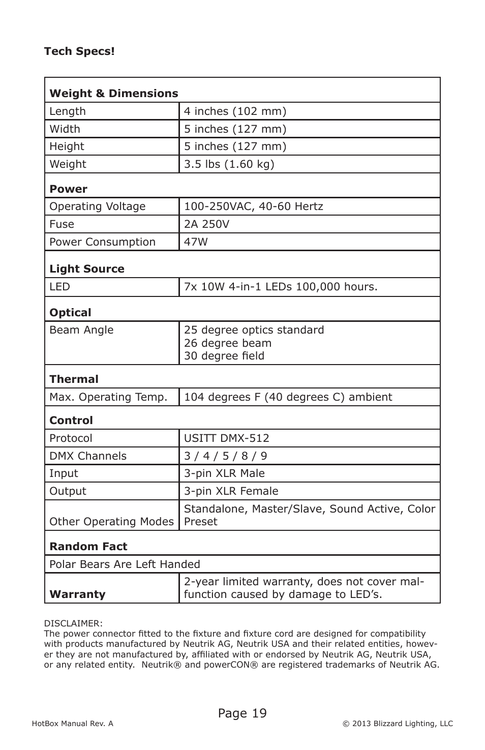 Page 19 | Blizzard Lighting LED HotBox User Manual | Page 19 / 20