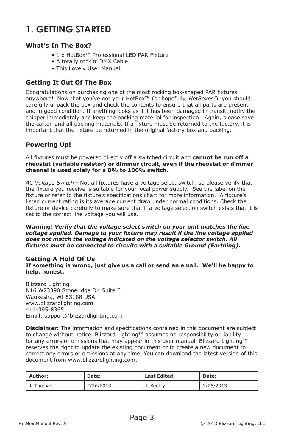 Getting started, Page 3 | Blizzard Lighting LED HotBox User Manual | Page 3 / 20