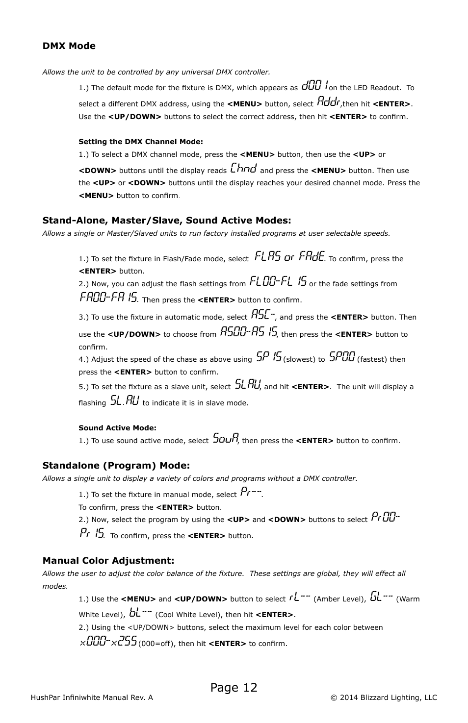 Page 12, D001, Addr | Chnd, Flas or fade, Fl00-fl15, Fa00-fa15, As00-as15, Sp15, Sp00 | Blizzard Lighting 500 HushPar Infiniwhite User Manual | Page 12 / 20
