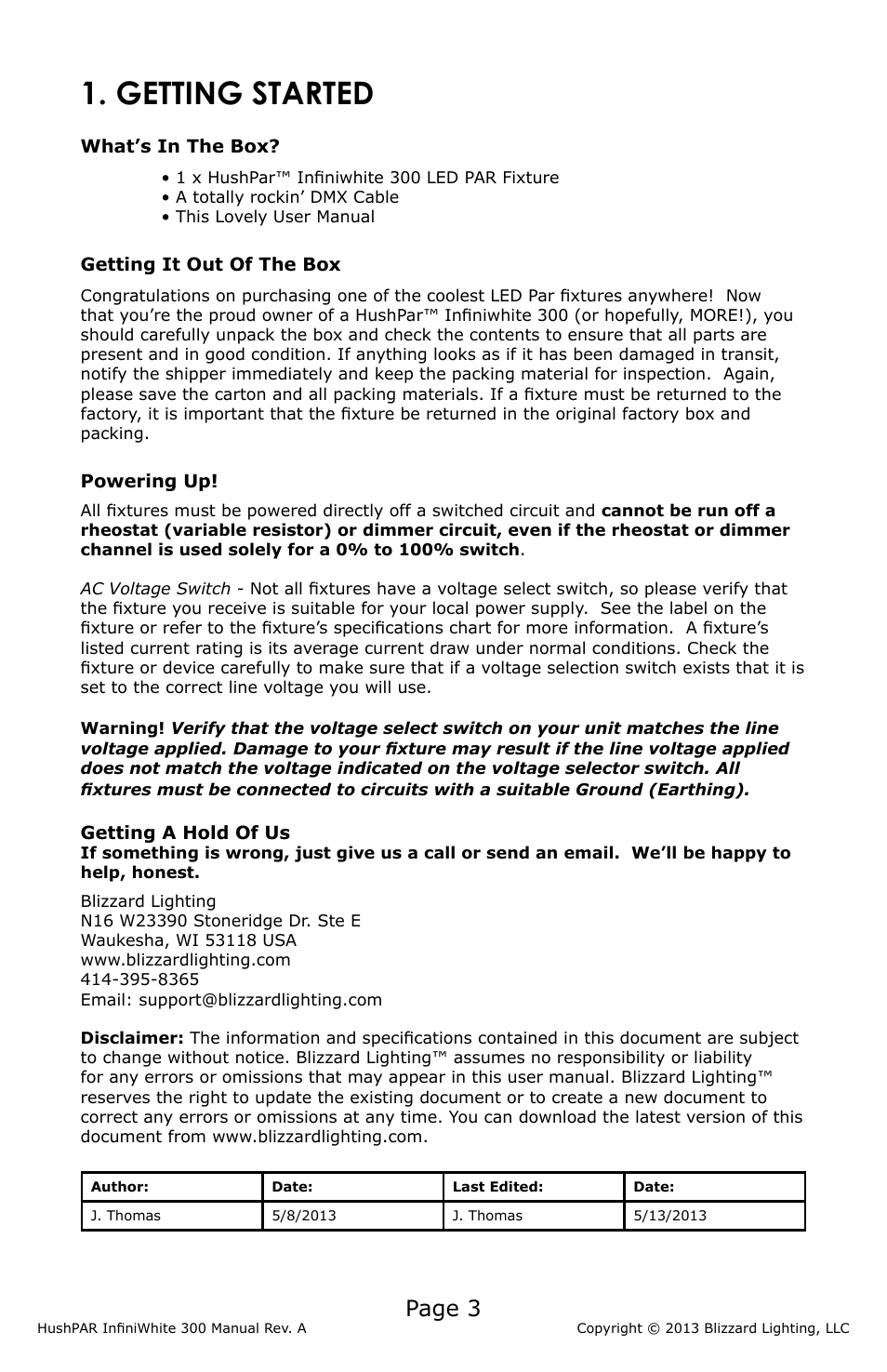 Getting started, Page 3 | Blizzard Lighting 300 HushPar Infiniwhite User Manual | Page 3 / 20