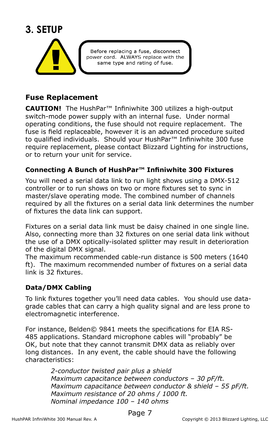 Setup, Page 7, Fuse replacement | Blizzard Lighting 300 HushPar Infiniwhite User Manual | Page 7 / 20