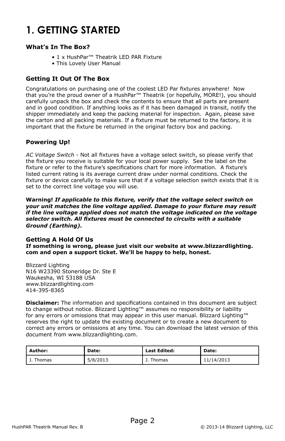 Getting started, Page 2 | Blizzard Lighting HushPar Theatrik LED PAR Fixture(Rev B) User Manual | Page 2 / 8