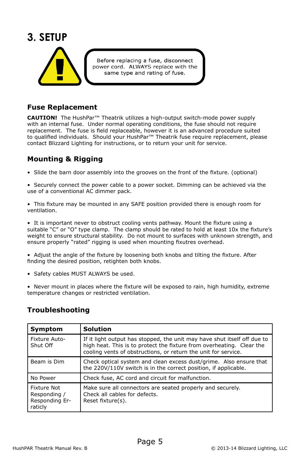 Setup, Page 5, Fuse replacement | Mounting & rigging, Troubleshooting | Blizzard Lighting HushPar Theatrik LED PAR Fixture(Rev B) User Manual | Page 5 / 8