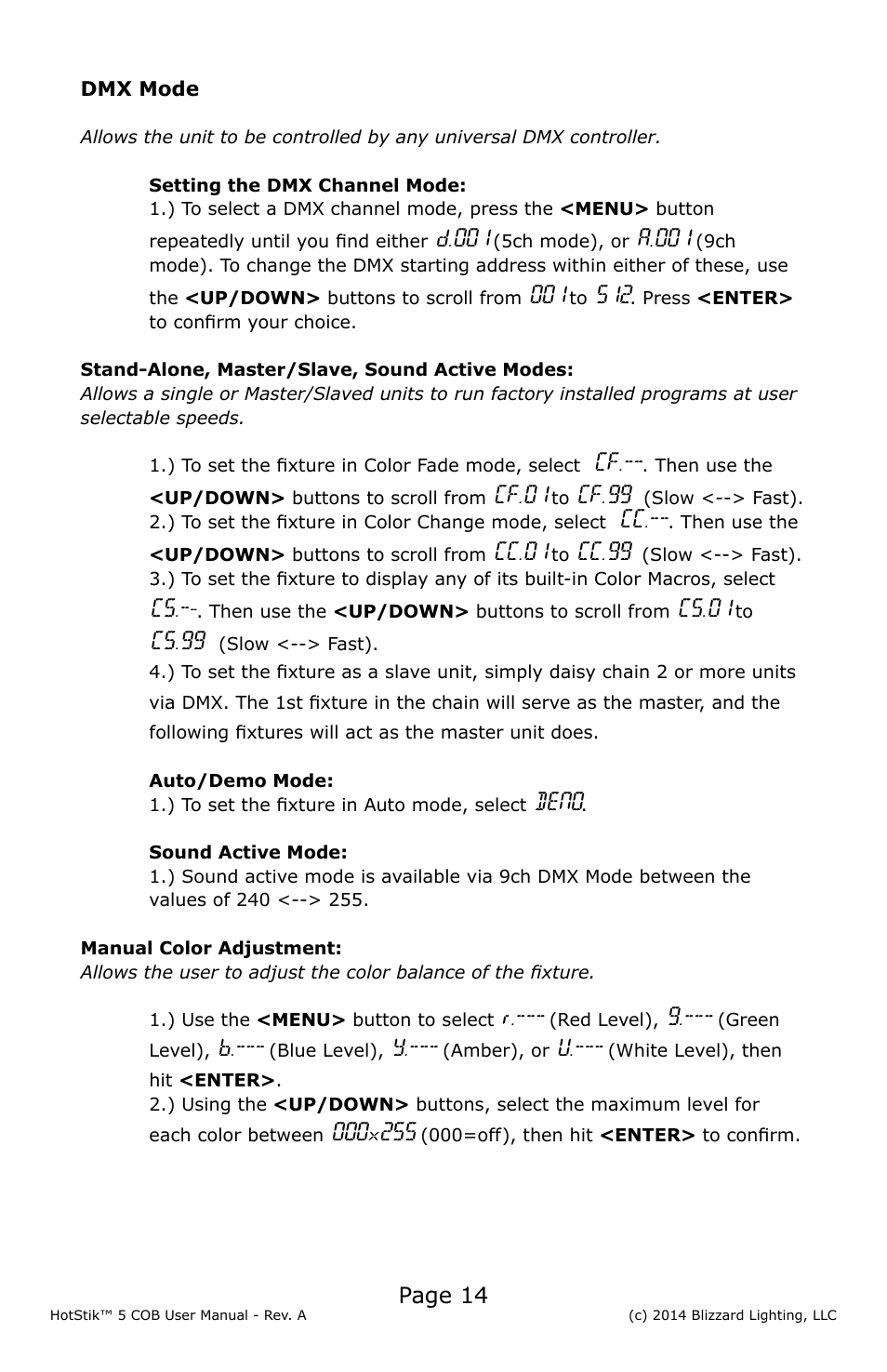 Page 14, D.001, A.001 | Cf.01, Cf.99, Cc.01, Cc.99, Cs.01, Cs.99, Deno | Blizzard Lighting 5 COB HotStik User Manual | Page 14 / 20