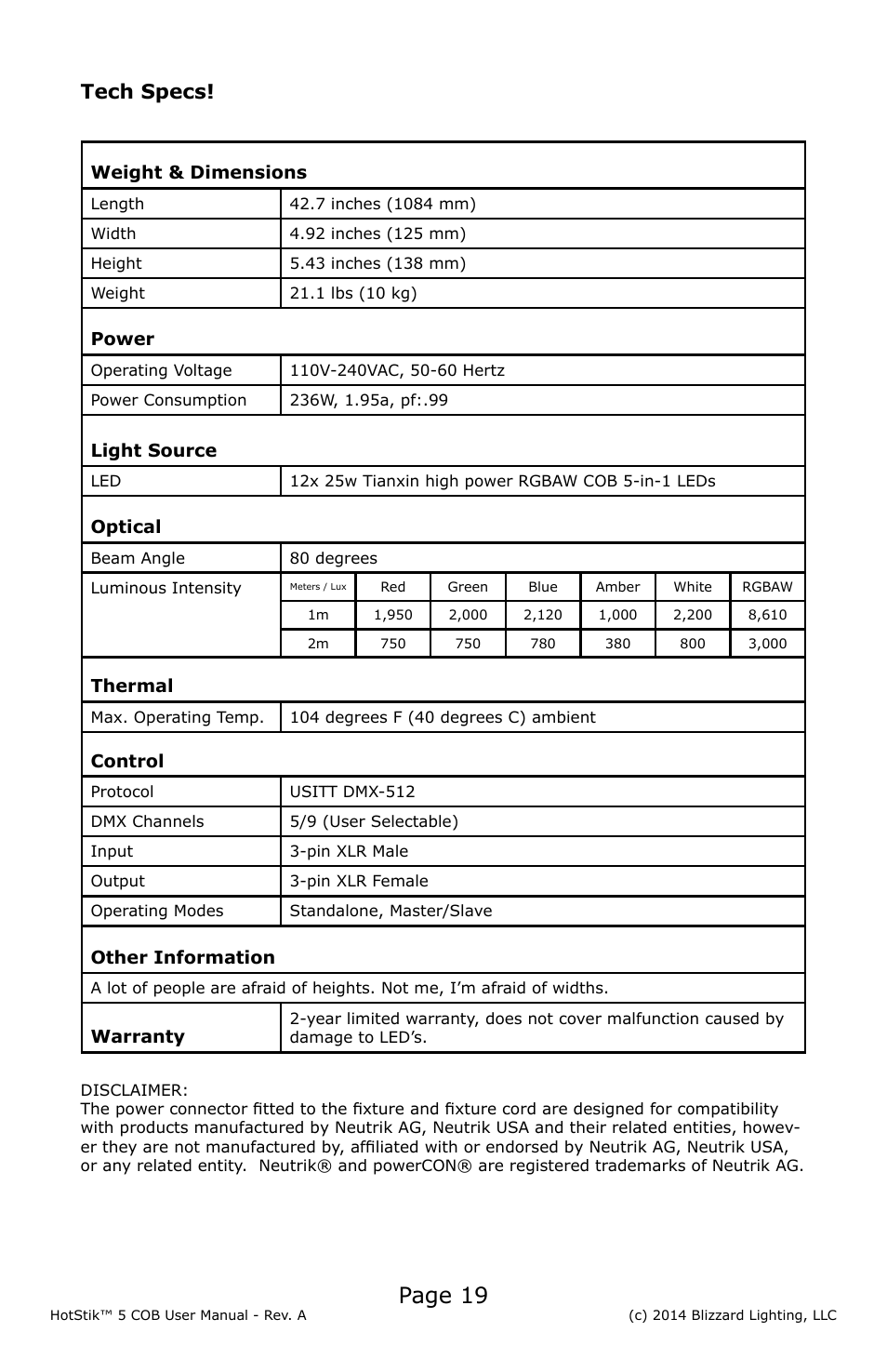 Page 19, Tech specs | Blizzard Lighting 5 COB HotStik User Manual | Page 19 / 20