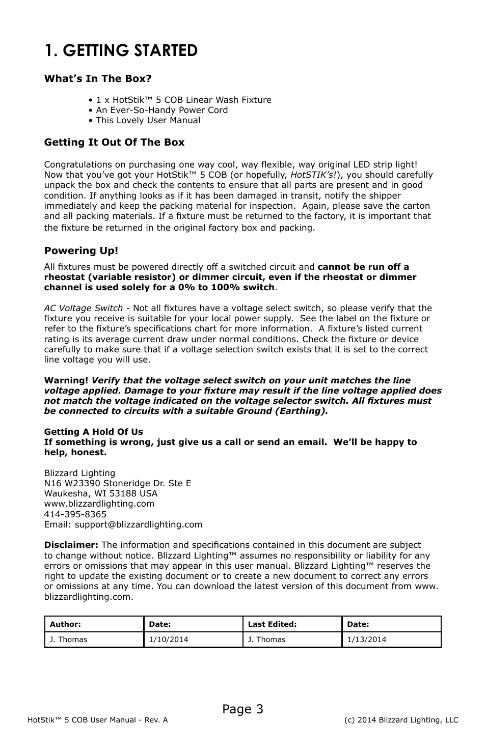Getting started, Page 3 | Blizzard Lighting 5 COB HotStik User Manual | Page 3 / 20