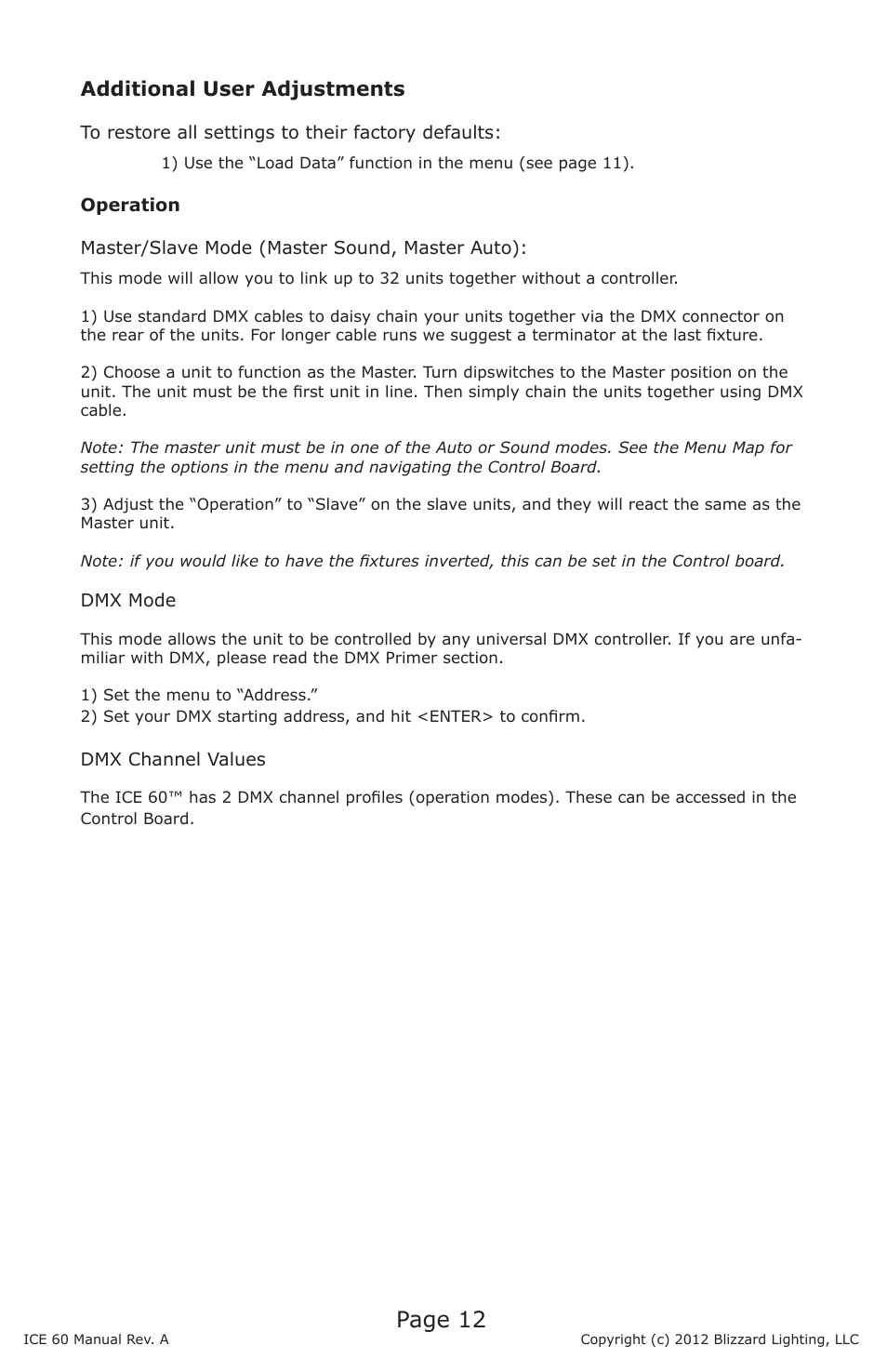 Page 12, Additional user adjustments | Blizzard Lighting ICE 60 60W LED Moving Head Spot(Rev A) User Manual | Page 12 / 20
