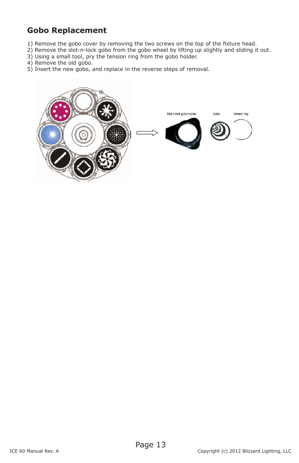 Page 13, Gobo replacement | Blizzard Lighting ICE 60 60W LED Moving Head Spot(Rev A) User Manual | Page 13 / 20