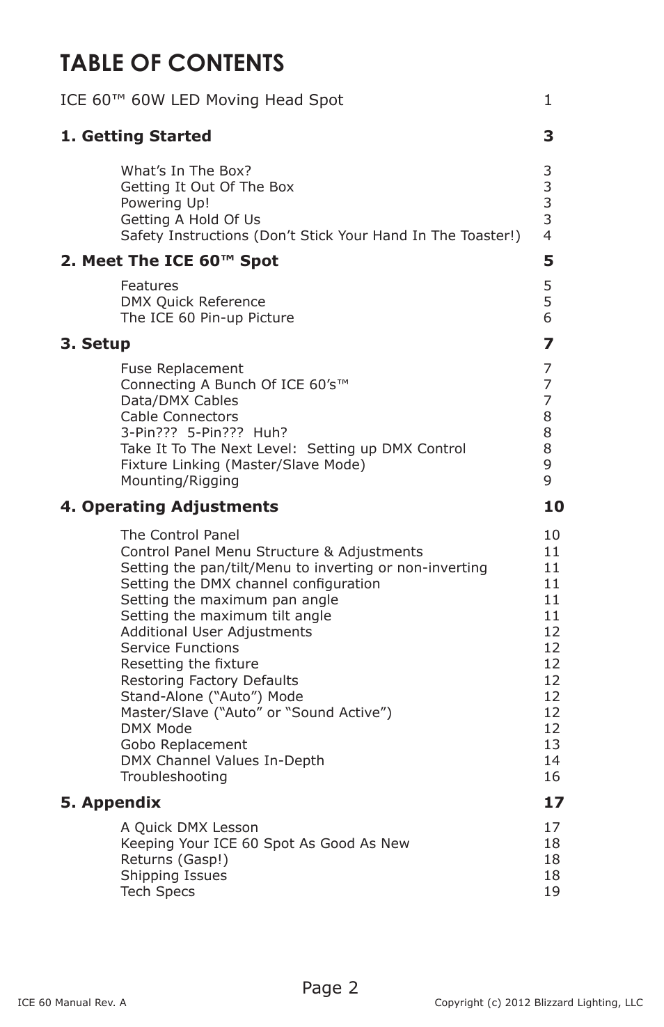 Blizzard Lighting ICE 60 60W LED Moving Head Spot(Rev A) User Manual | Page 2 / 20