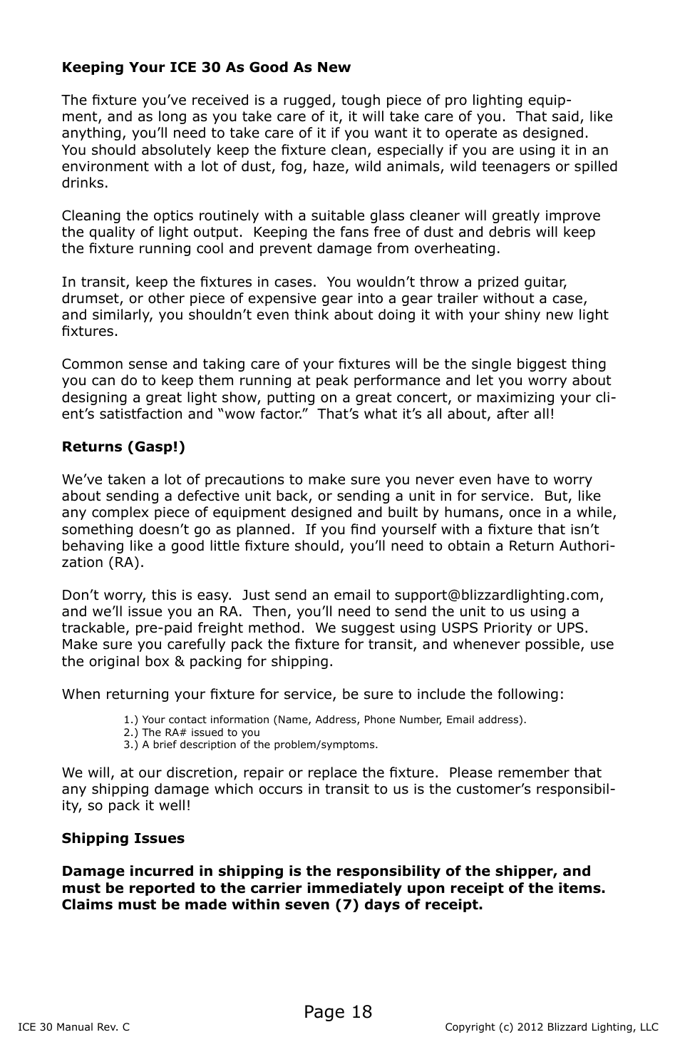 Page 18 | Blizzard Lighting ICE 30 30W LED Moving Head Spot(Rev C) User Manual | Page 18 / 20