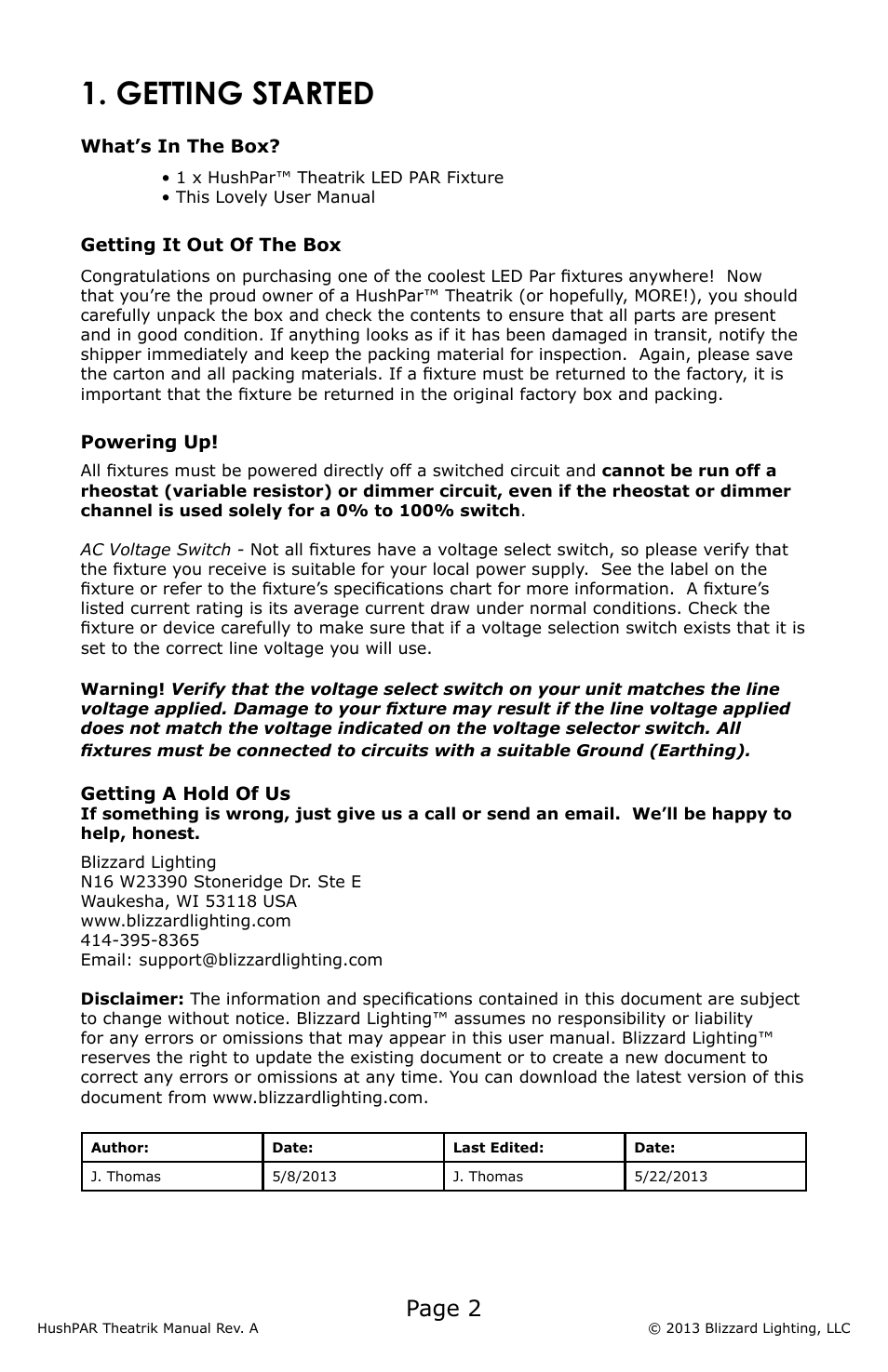 Getting started, Page 2 | Blizzard Lighting HushPar Theatrik LED PAR Fixture(Rev A) User Manual | Page 2 / 8