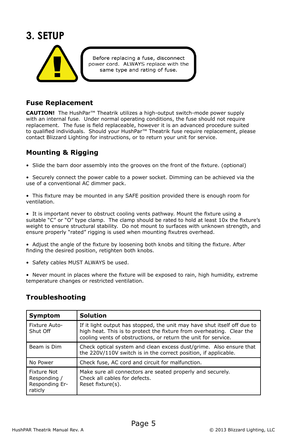 Setup, Page 5, Fuse replacement | Mounting & rigging, Troubleshooting | Blizzard Lighting HushPar Theatrik LED PAR Fixture(Rev A) User Manual | Page 5 / 8