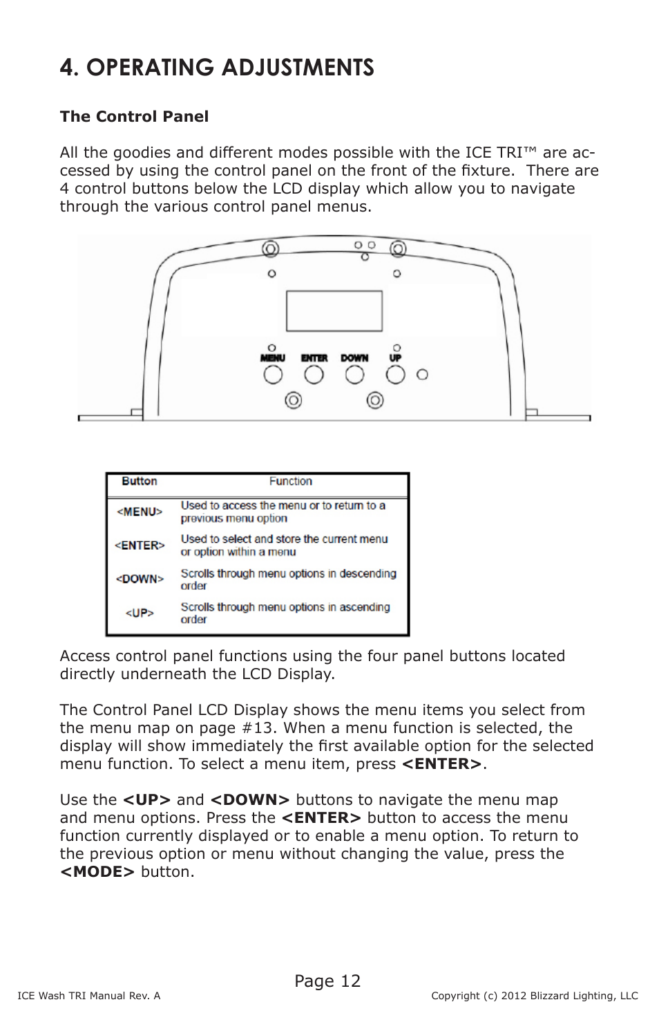 Operating adjustments, Page 12 | Blizzard Lighting ICE TRI LED Moving Head Wash User Manual | Page 12 / 21