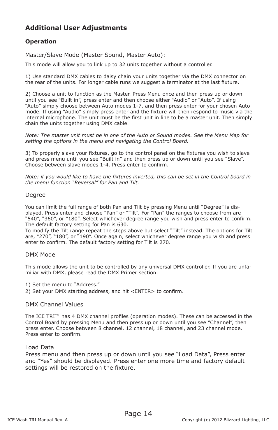 Page 14, Additional user adjustments | Blizzard Lighting ICE TRI LED Moving Head Wash User Manual | Page 14 / 21