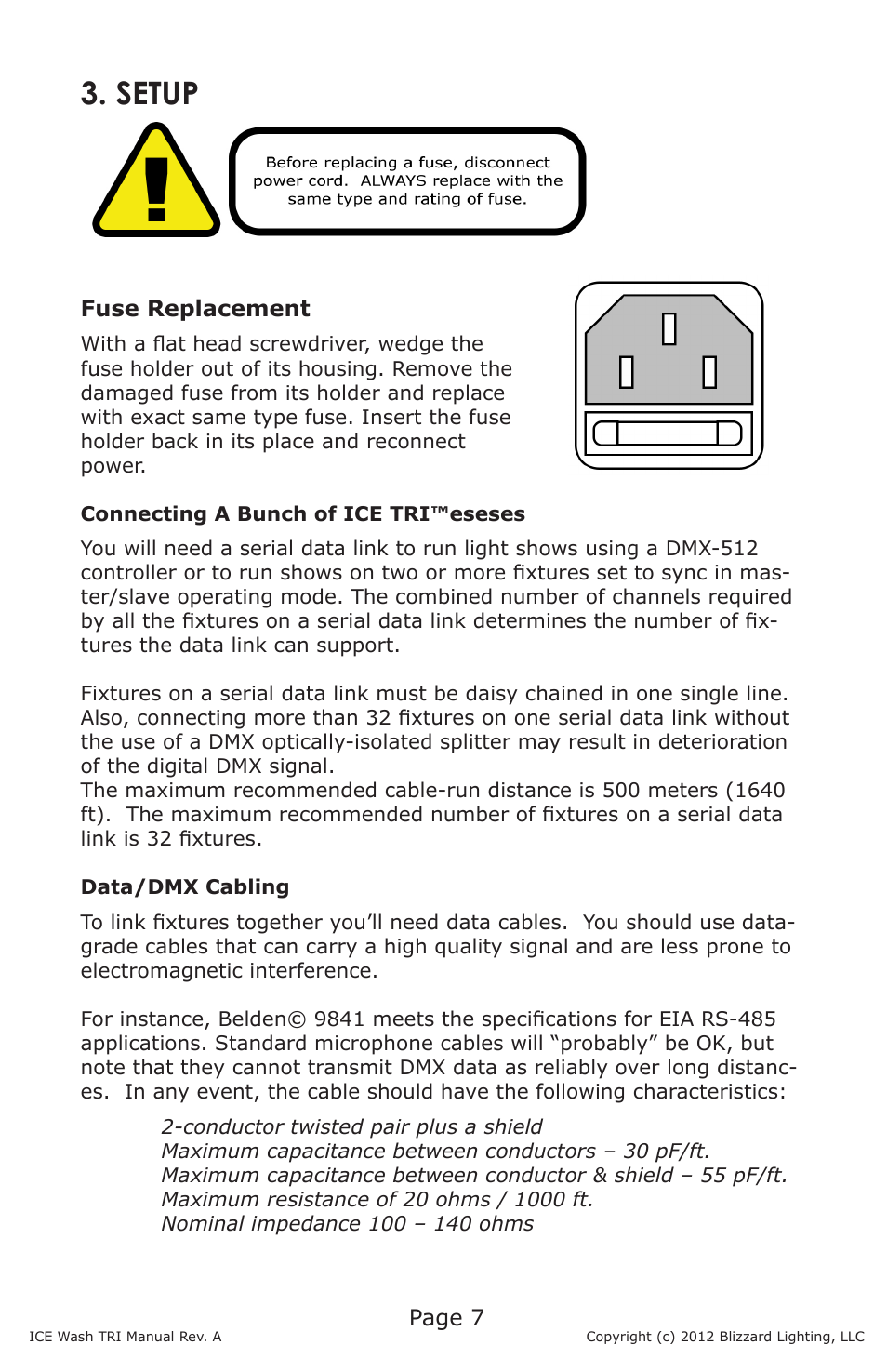 Setup, Page 7, Fuse replacement | Blizzard Lighting ICE TRI LED Moving Head Wash User Manual | Page 7 / 21