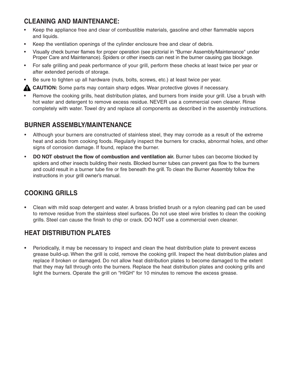 Burner assembly/maintenance, Cooking grills, Heat distribution plates | Cleaning and maintenance | Brinkmann 810-8750-S User Manual | Page 43 / 88