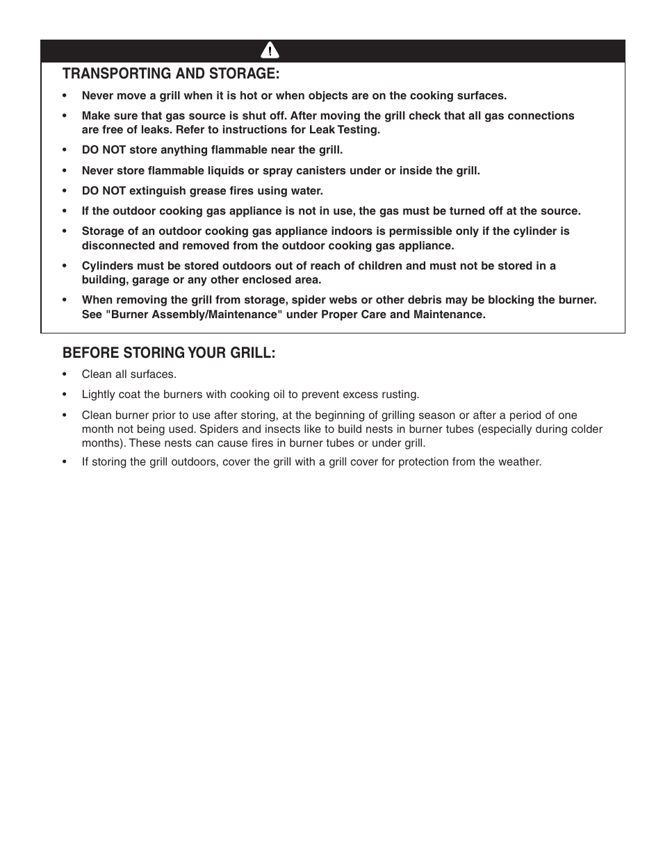 Warning, Transporting and storage, Before storing your grill | Brinkmann 810-8750-S User Manual | Page 44 / 88