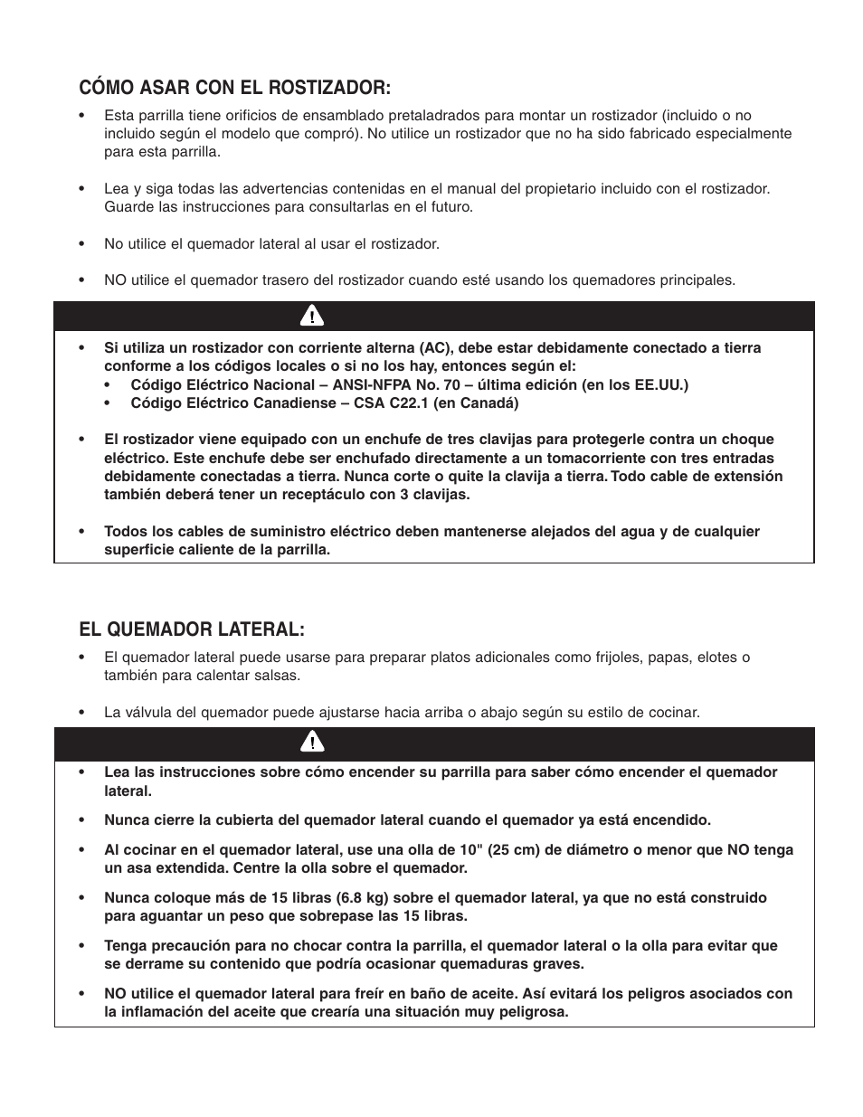 Advertencia, Cómo utilizar las otras funciones de la parrilla, Cómo asar con el rostizador | El quemador lateral | Brinkmann 810-8750-S User Manual | Page 83 / 88