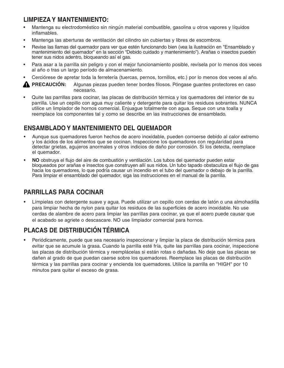 Ensamblado y mantenimiento del quemador, Parrillas para cocinar, Placas de distribución térmica | Limpieza y mantenimiento | Brinkmann 810-8750-S User Manual | Page 85 / 88