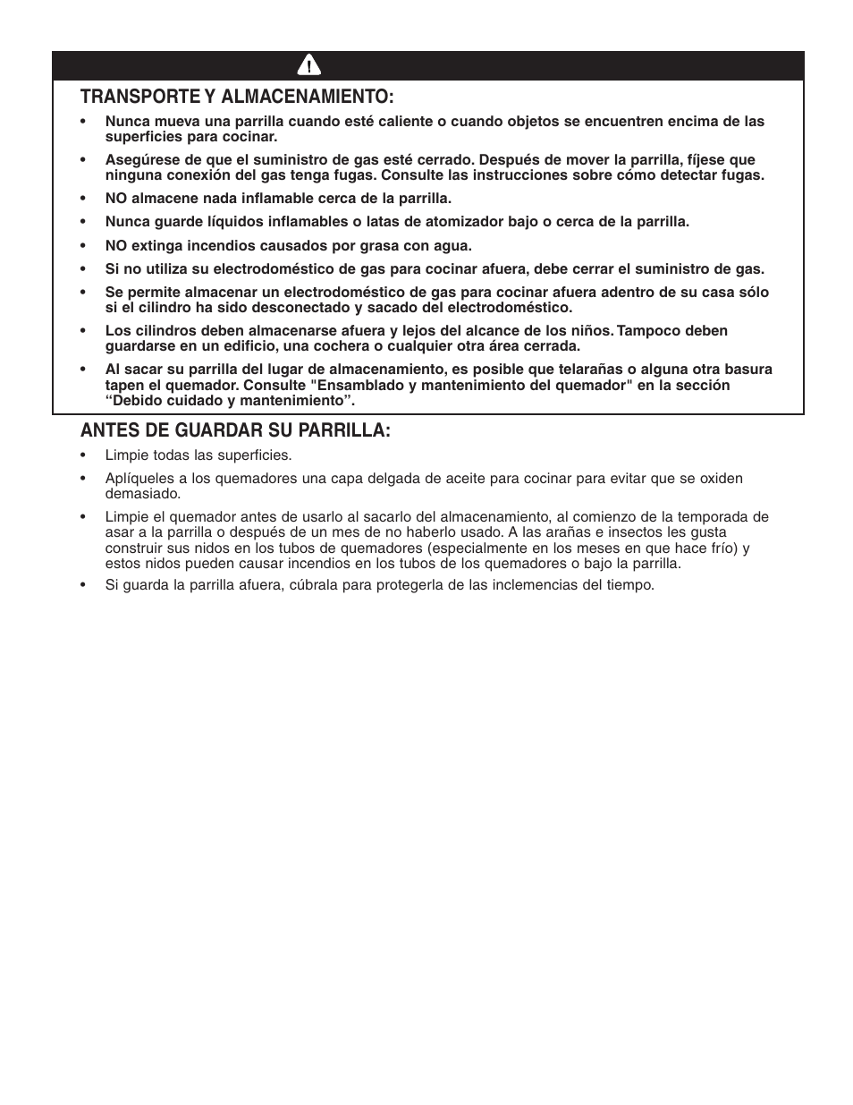 Advertencia, Transporte y almacenamiento, Antes de guardar su parrilla | Brinkmann 810-8750-S User Manual | Page 86 / 88
