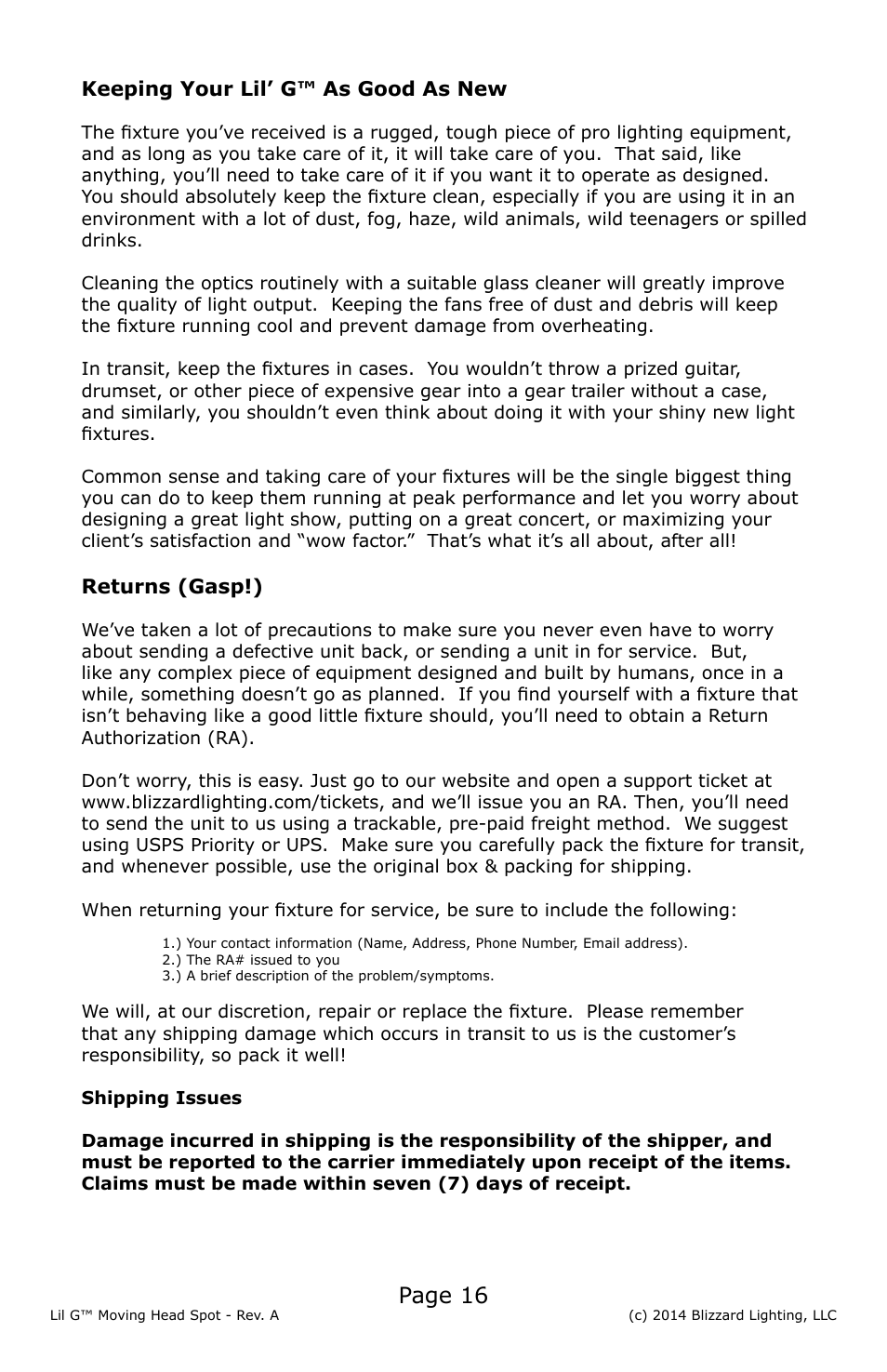 Page 16 | Blizzard Lighting Lil' G Moving Spot(Rev A) User Manual | Page 16 / 20