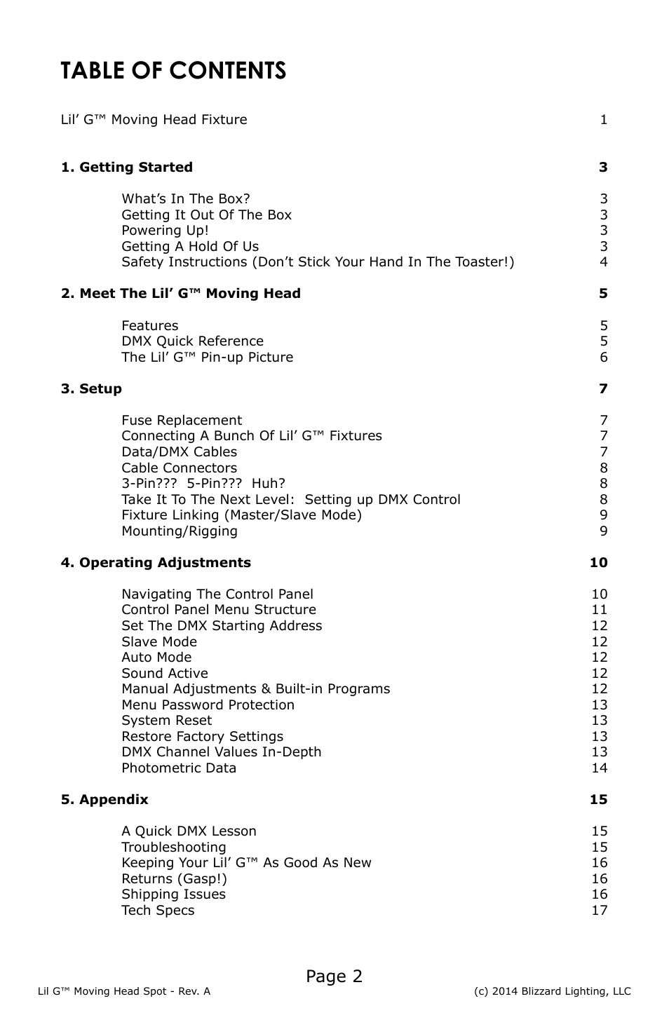 Blizzard Lighting Lil' G Moving Spot(Rev A) User Manual | Page 2 / 20