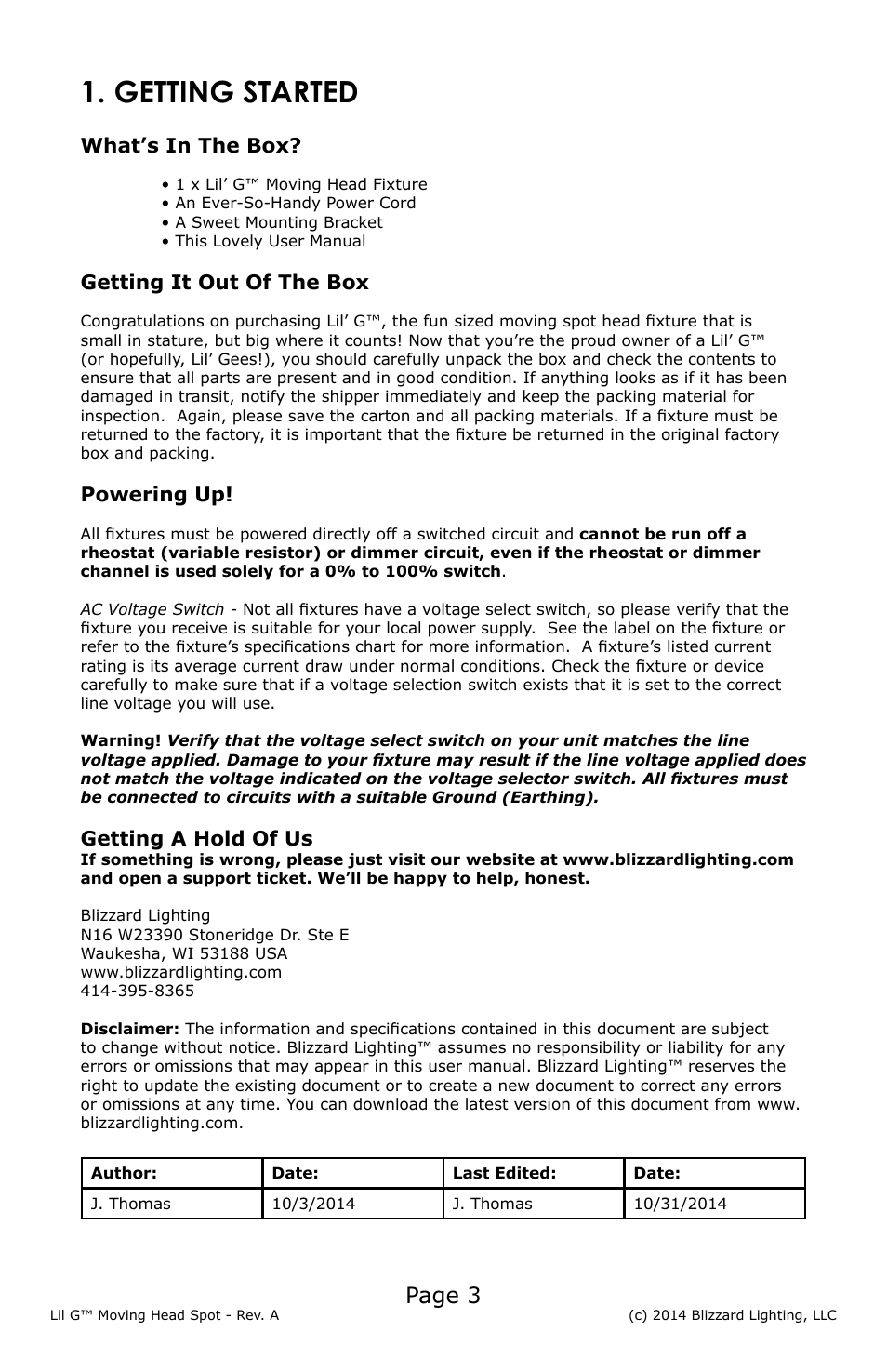 Getting started, Page 3, What’s in the box | Getting it out of the box, Powering up, Getting a hold of us | Blizzard Lighting Lil' G Moving Spot(Rev A) User Manual | Page 3 / 20