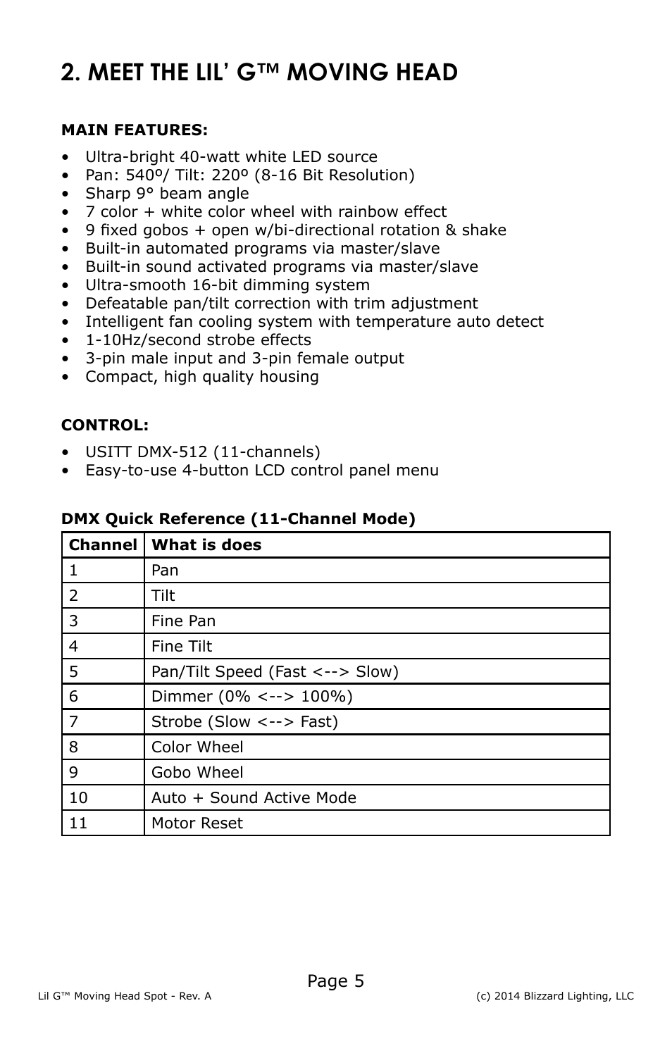 Meet the lil’ g™ moving head | Blizzard Lighting Lil' G Moving Spot(Rev A) User Manual | Page 5 / 20