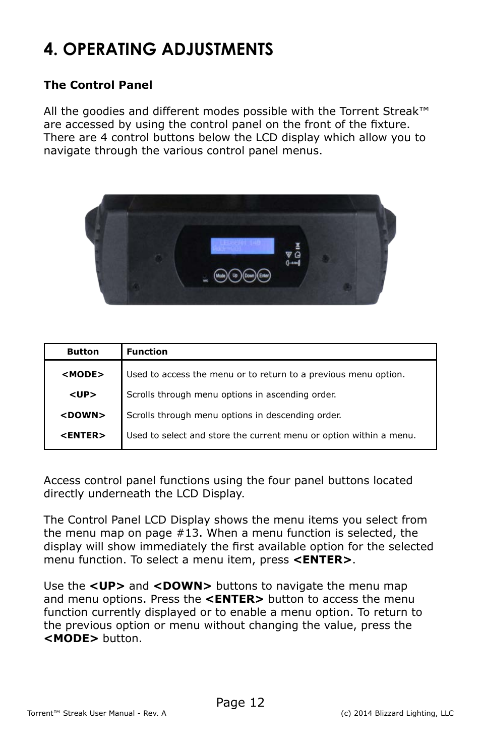 Operating adjustments, Page 12 | Blizzard Lighting Torrent Streak User Manual | Page 12 / 24