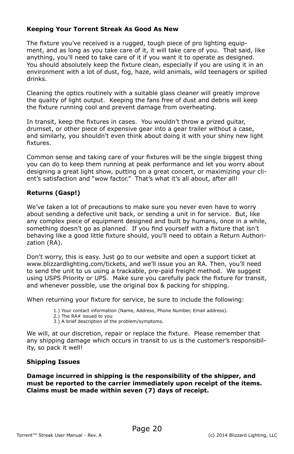 Page 20 | Blizzard Lighting Torrent Streak User Manual | Page 20 / 24