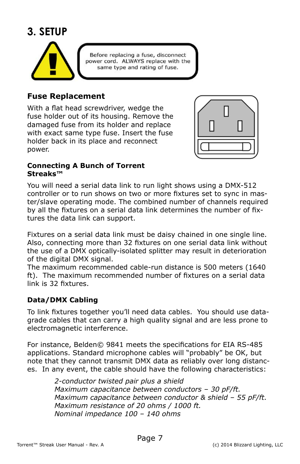 Setup, Page 7, Fuse replacement | Blizzard Lighting Torrent Streak User Manual | Page 7 / 24